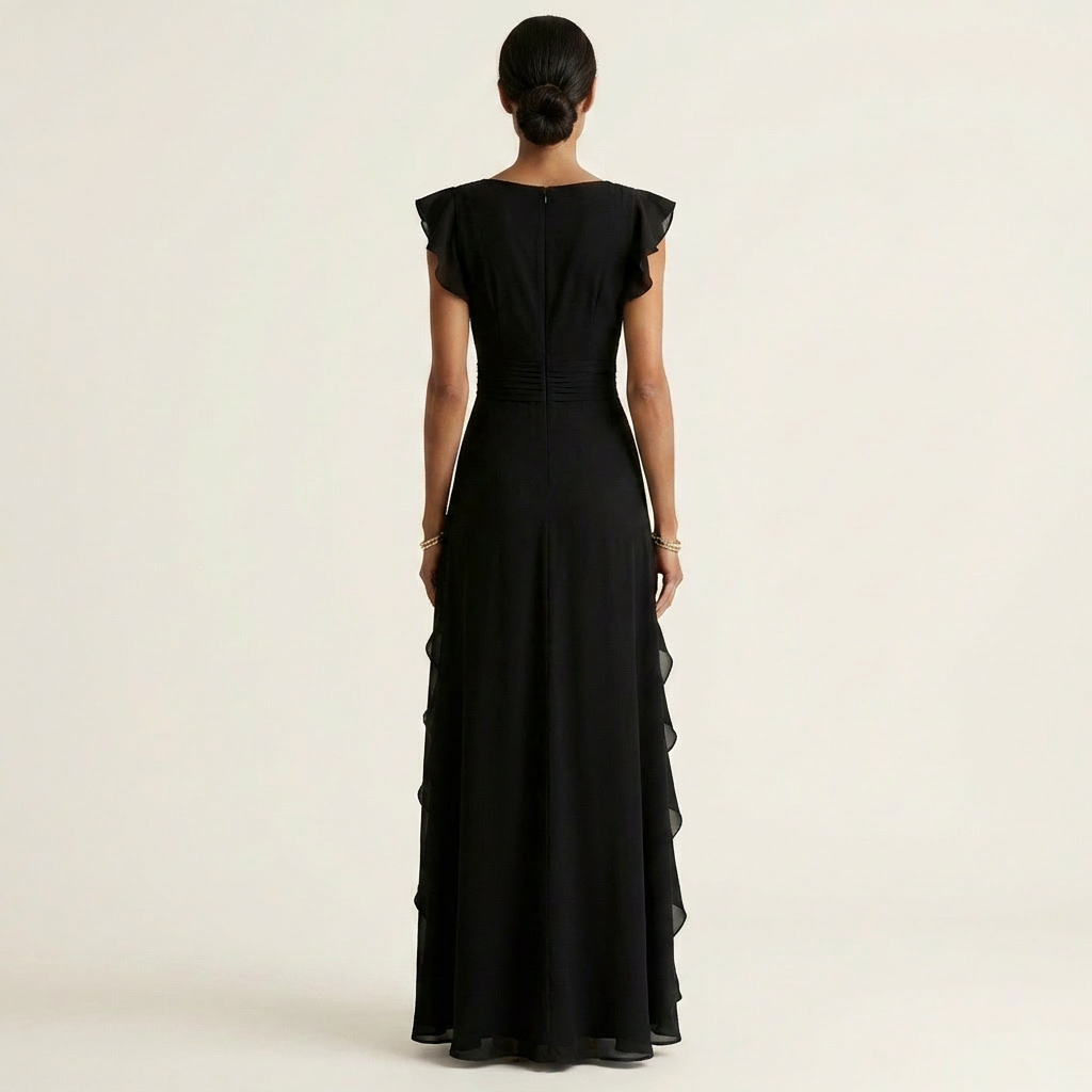 Women’s Silk Ruffle V-Neck Layered-Sleeve Wrap Maxi Dress
