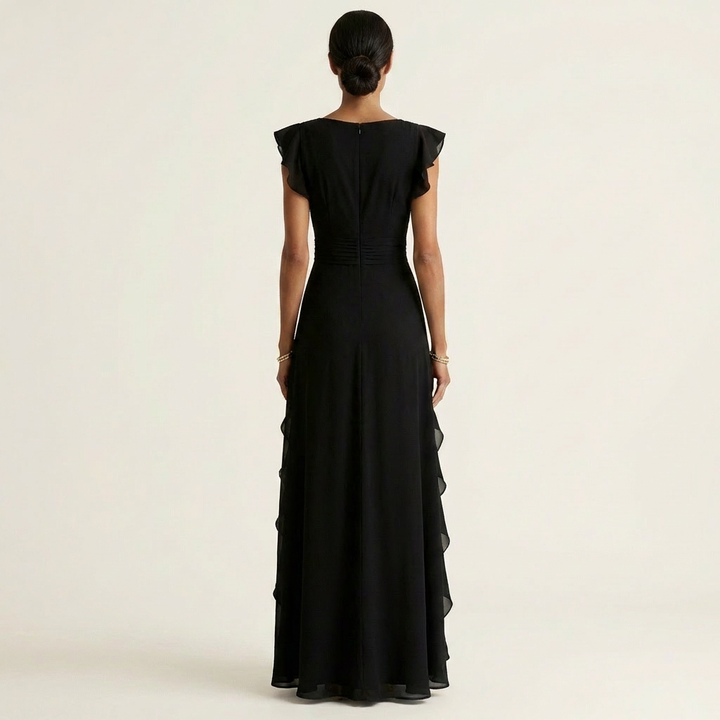 Women’s Silk Ruffle V-Neck Layered-Sleeve Wrap Maxi Dress