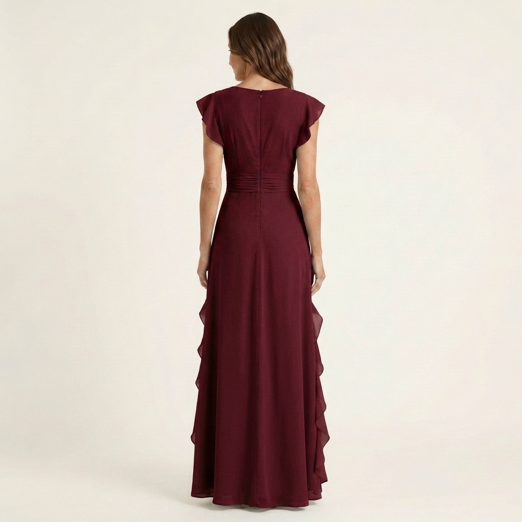 Women’s Silk Ruffle V-Neck Layered-Sleeve Wrap Maxi Dress