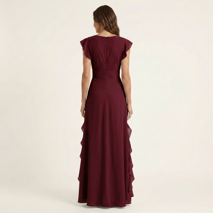 Women’s Silk Ruffle V-Neck Layered-Sleeve Wrap Maxi Dress