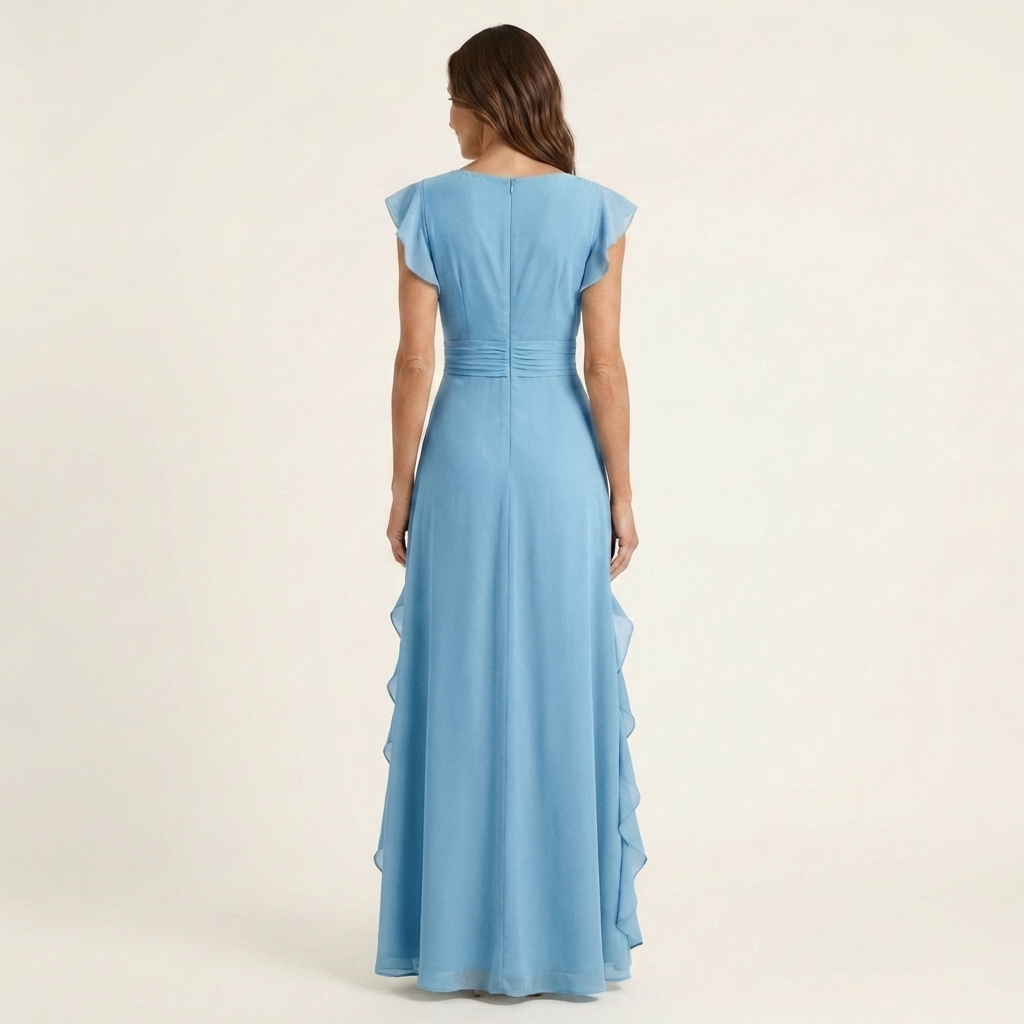 Women’s Silk Ruffle V-Neck Layered-Sleeve Wrap Maxi Dress