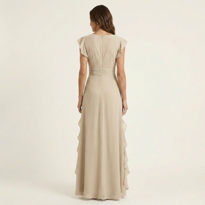 Women’s Silk Ruffle V-Neck Layered-Sleeve Wrap Maxi Dress
