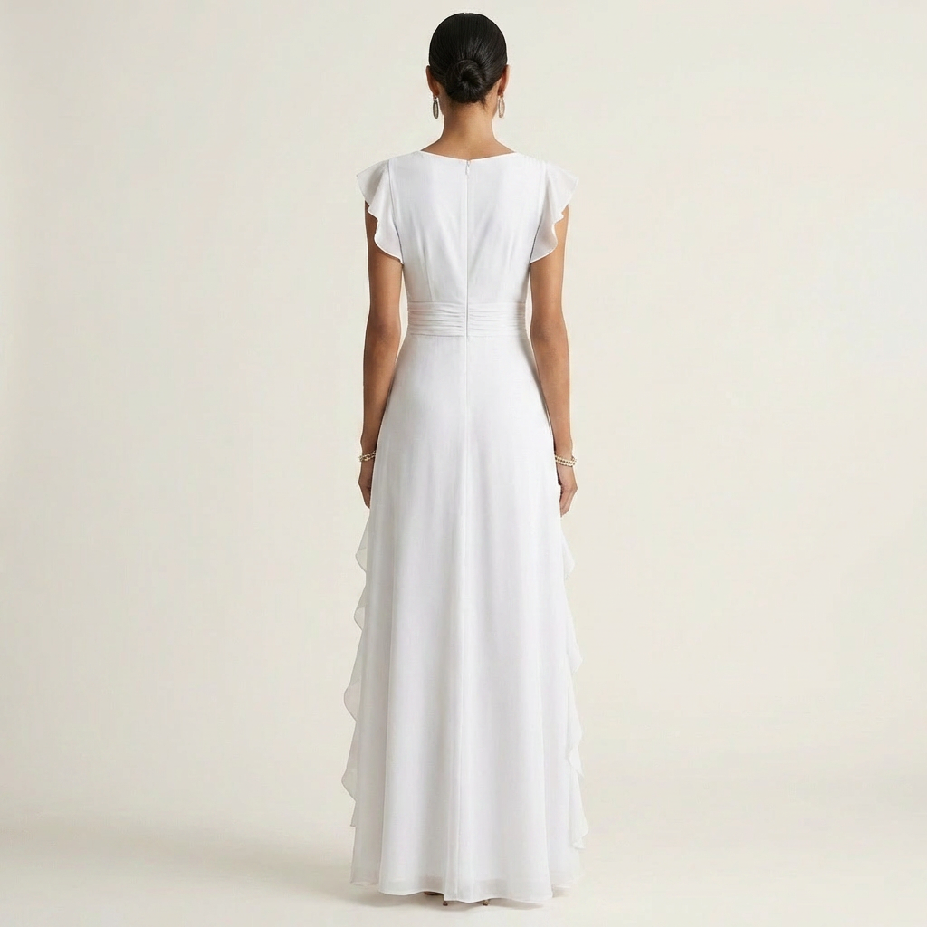 Women’s Silk Ruffle V-Neck Layered-Sleeve Wrap Maxi Dress