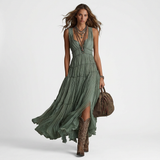 Women's Linen Maxi Dress Boho Tiered Sun Dress