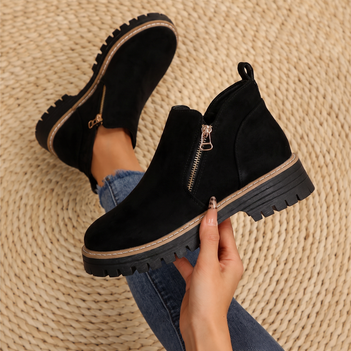 Women's Leather Ankle Boots Zipper Lug Sole Chunky Booties