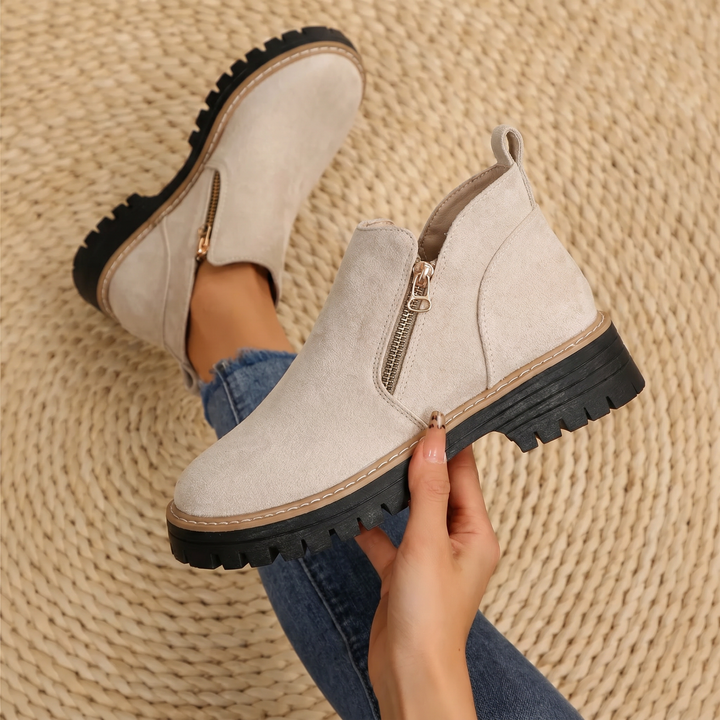 Women's Leather Ankle Boots Zipper Lug Sole Chunky Booties