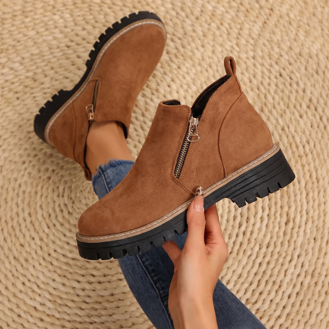 Women's Leather Ankle Boots Zipper Lug Sole Chunky Booties