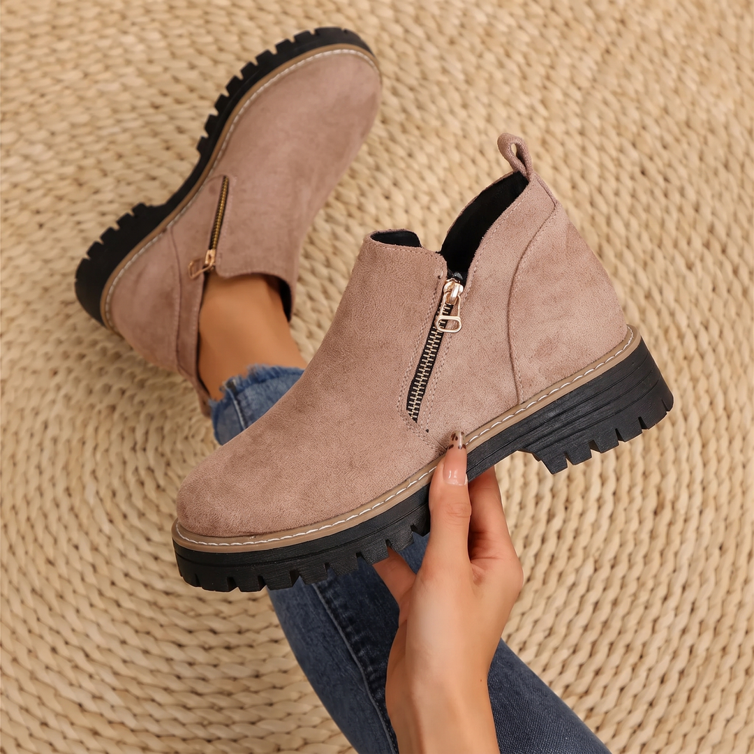 Women's Leather Ankle Boots Zipper Lug Sole Chunky Booties