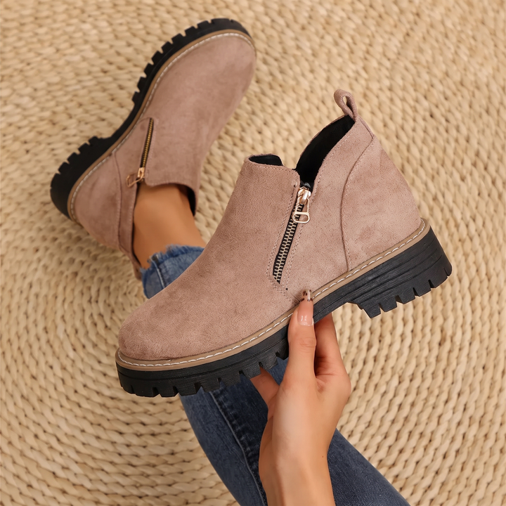 Women's Leather Ankle Boots Zipper Lug Sole Chunky Booties