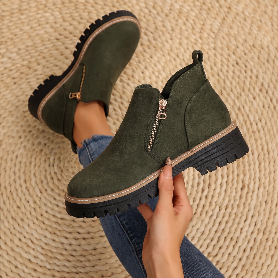 Women's Leather Ankle Boots Zipper Lug Sole Chunky Booties