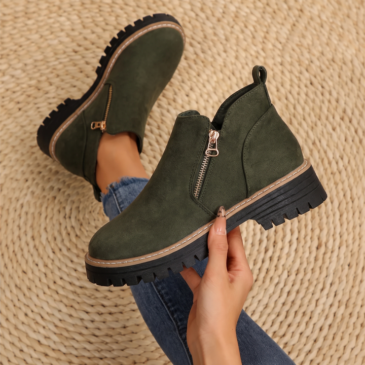 Women's Leather Ankle Boots Zipper Lug Sole Chunky Booties