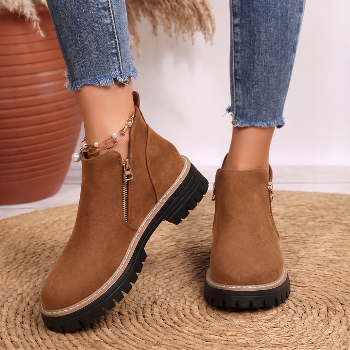 Women's Leather Ankle Boots Zipper Lug Sole Chunky Booties