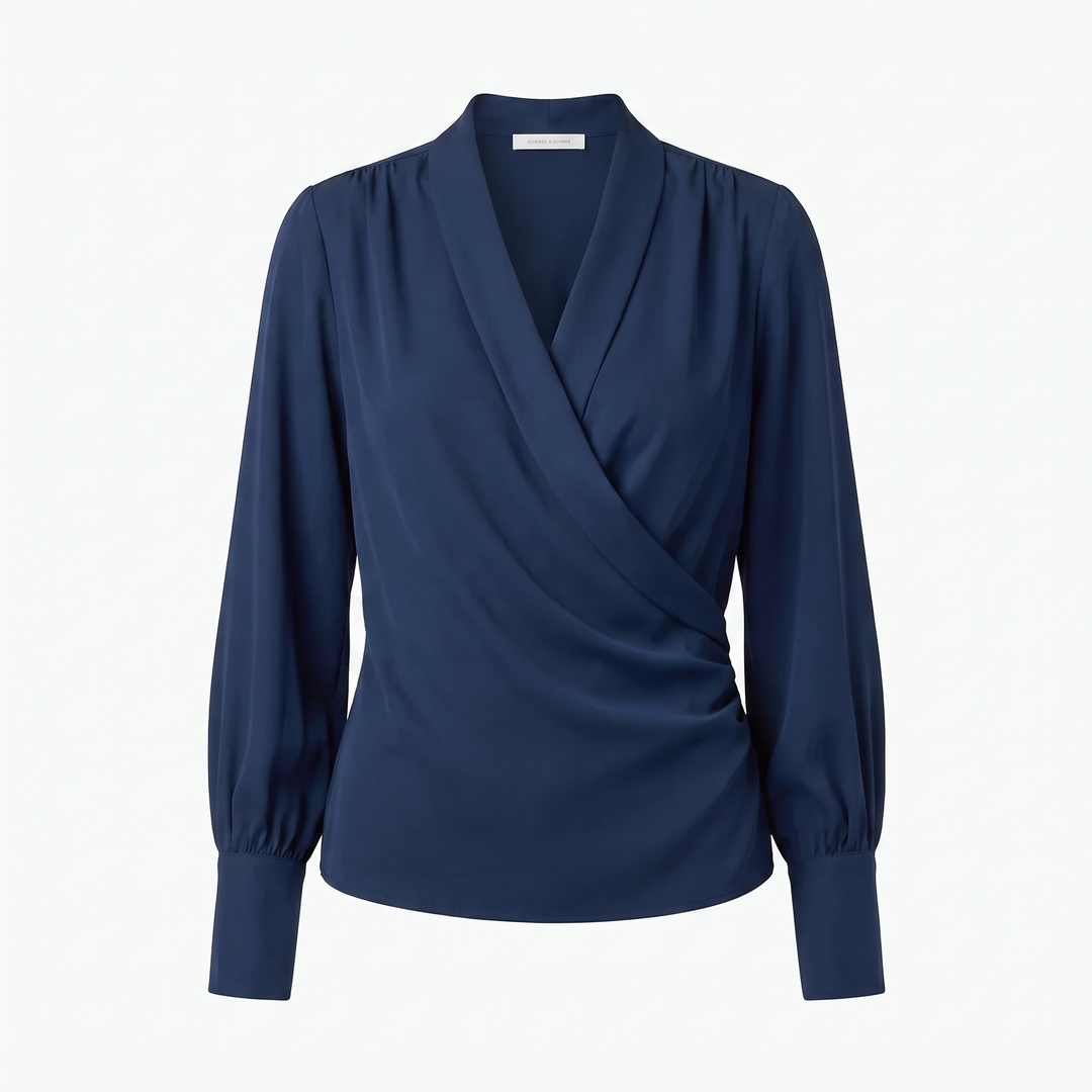 Blouse portefeuille en soie à manches longues et col en V pour femme