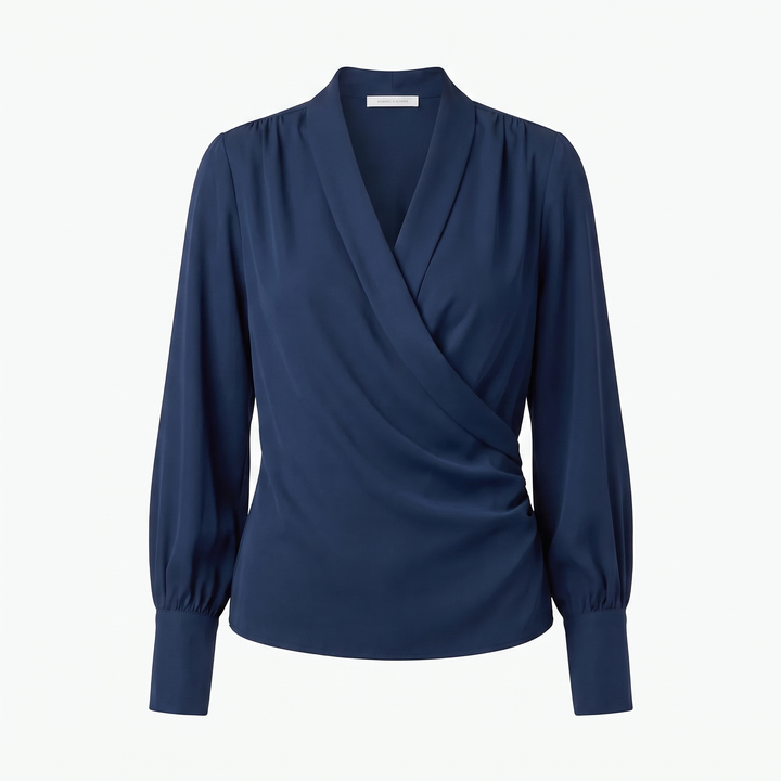 Blouse portefeuille en soie à manches longues et col en V pour femme