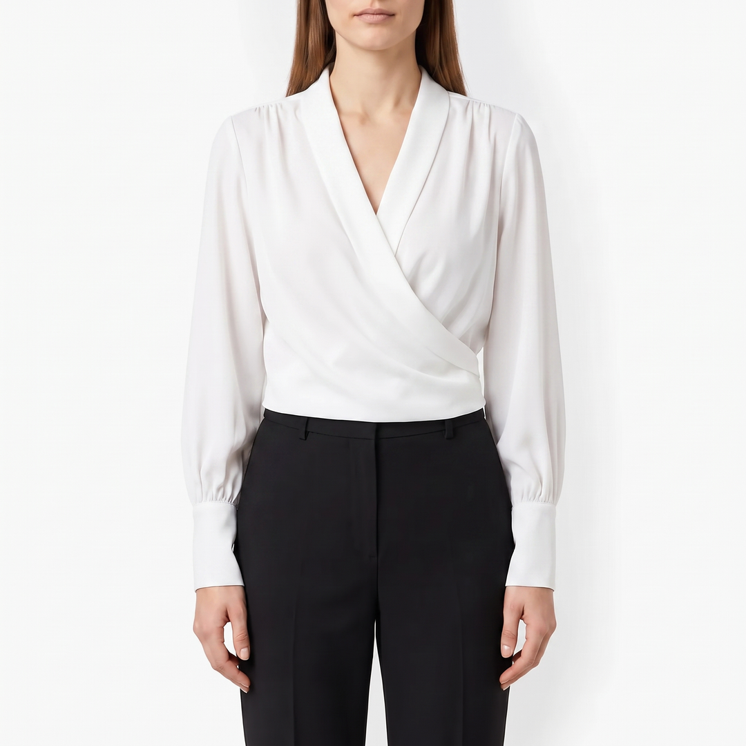 Blouse portefeuille en soie à manches longues et col en V pour femme