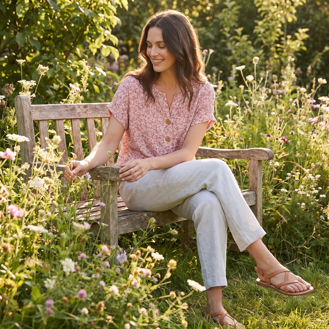 Blouse pour femme en lin à manches courtes avec imprimé floral