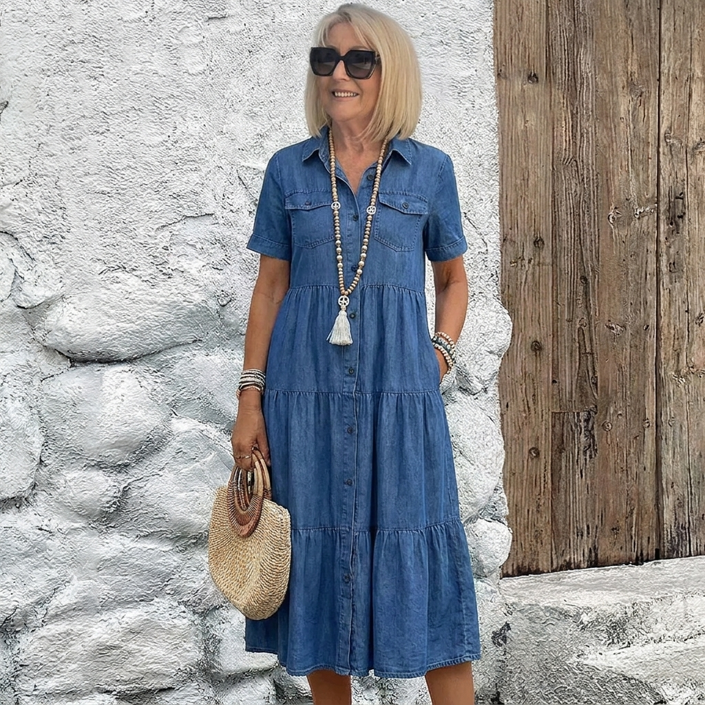 Women's Denim Short Sleeve Tiered Shirt Maxi Dress