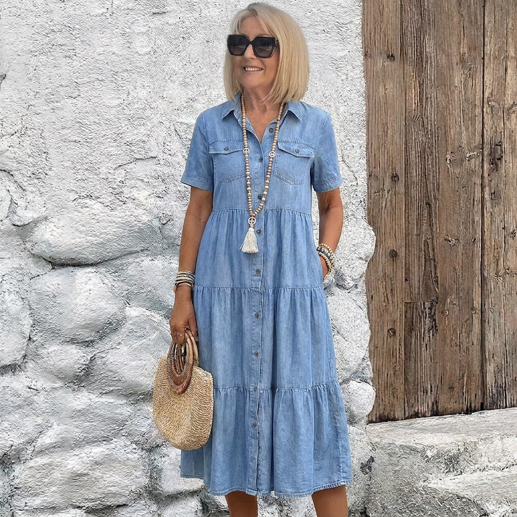 Women's Denim Short Sleeve Tiered Shirt Maxi Dress