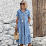 Women's Denim Short Sleeve Tiered Shirt Maxi Dress