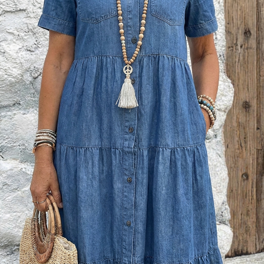 Women's Denim Short Sleeve Tiered Shirt Maxi Dress