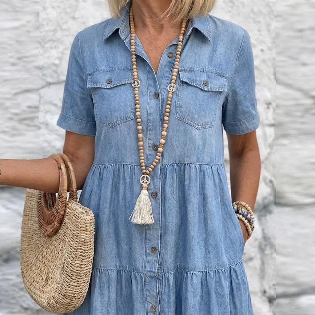 Women's Denim Short Sleeve Tiered Shirt Maxi Dress