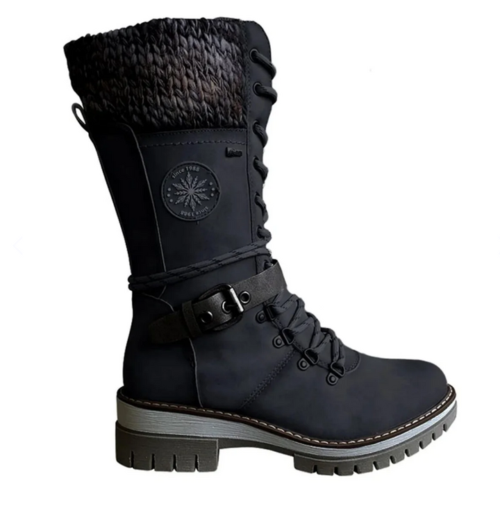 Bottes de combat montantes en cuir tricoté pour femmes, mi-mollet jusqu'au genou