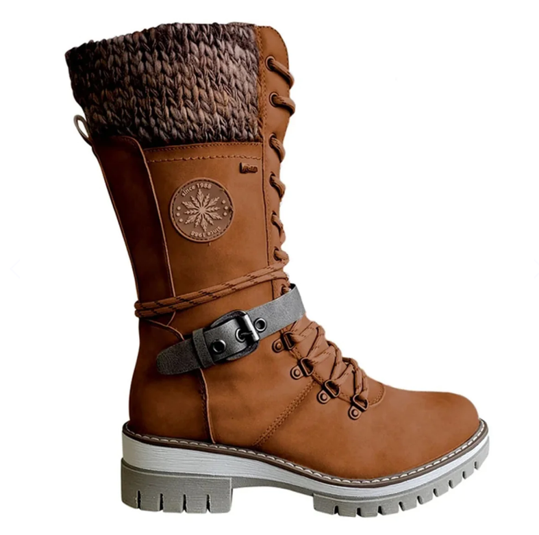 Bottes de combat montantes en cuir tricoté pour femmes, mi-mollet jusqu'au genou