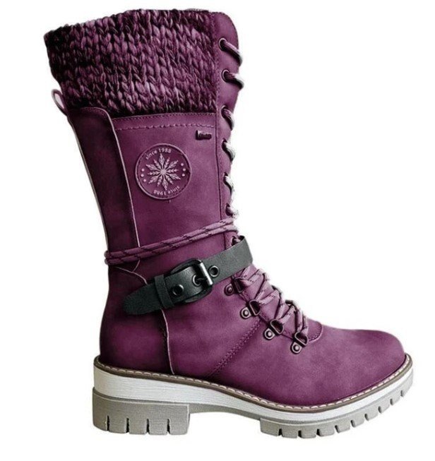 Bottes de combat montantes en cuir tricoté pour femmes, mi-mollet jusqu'au genou