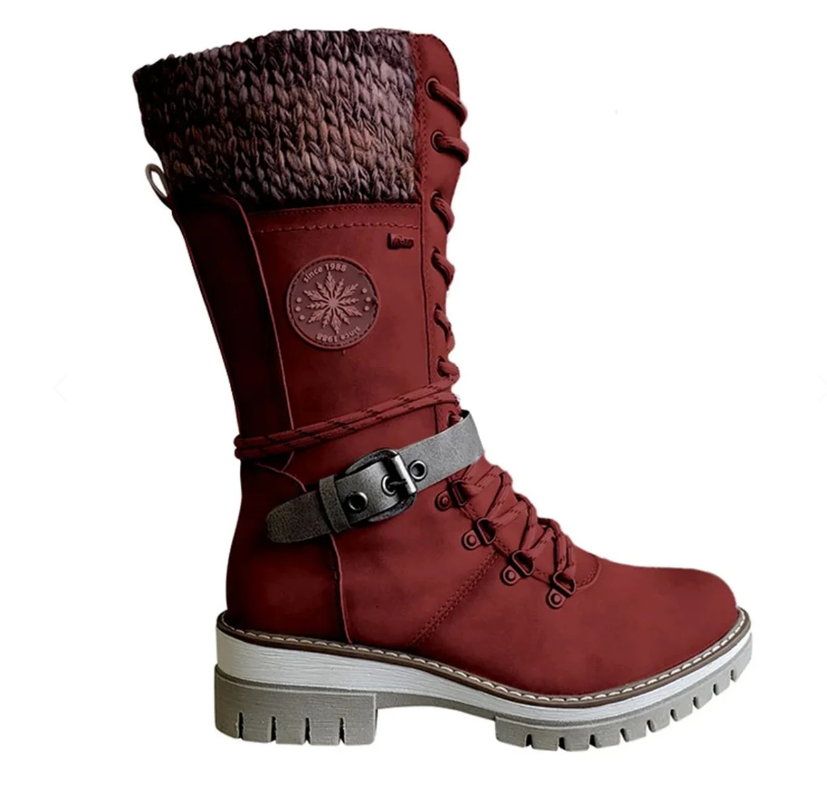 Bottes de combat montantes en cuir tricoté pour femmes, mi-mollet jusqu'au genou