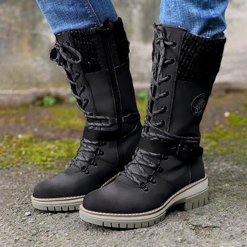 Bottes de combat montantes en cuir tricoté pour femmes, mi-mollet jusqu'au genou