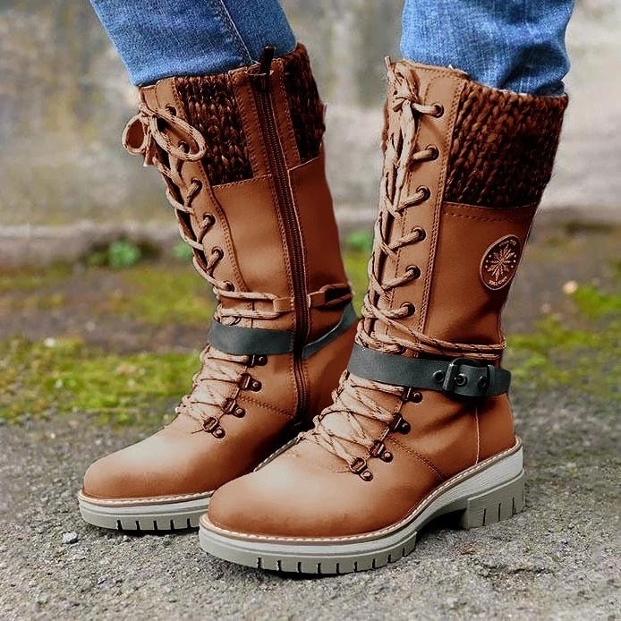 Bottes de combat montantes en cuir tricoté pour femmes, mi-mollet jusqu'au genou