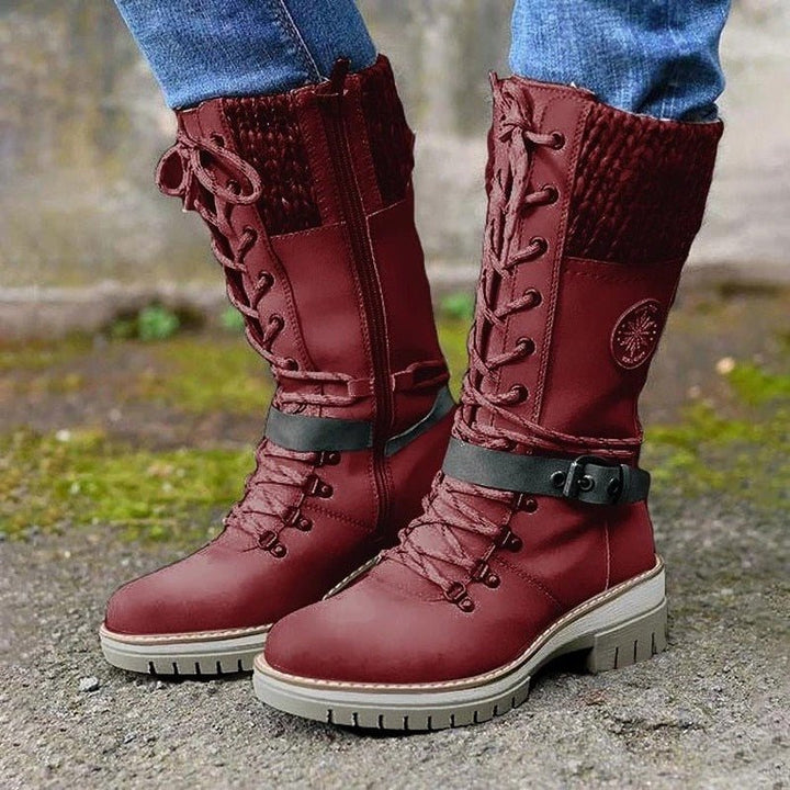 Bottes de combat montantes en cuir tricoté pour femmes, mi-mollet jusqu'au genou