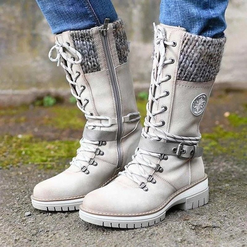Bottes de combat montantes en cuir tricoté pour femmes, mi-mollet jusqu'au genou