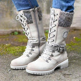 Bottes de combat montantes en cuir tricoté pour femmes, mi-mollet jusqu'au genou