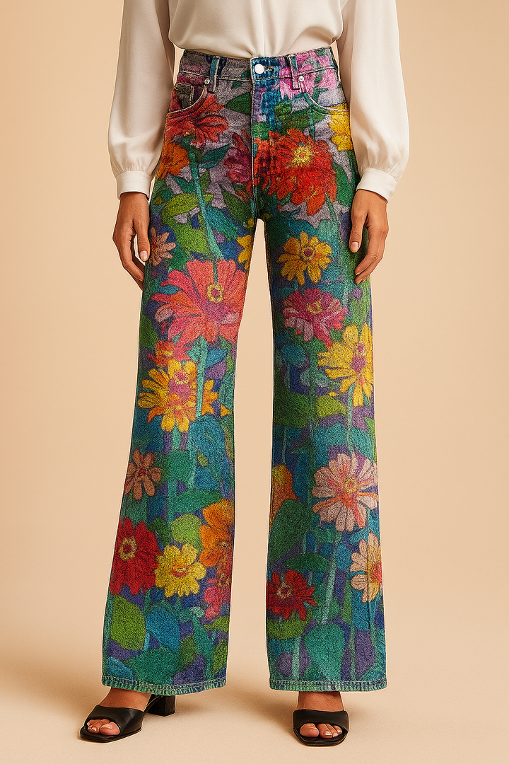 Women's Denim Vintage Floral Flared Pants Wide Leg Trousers