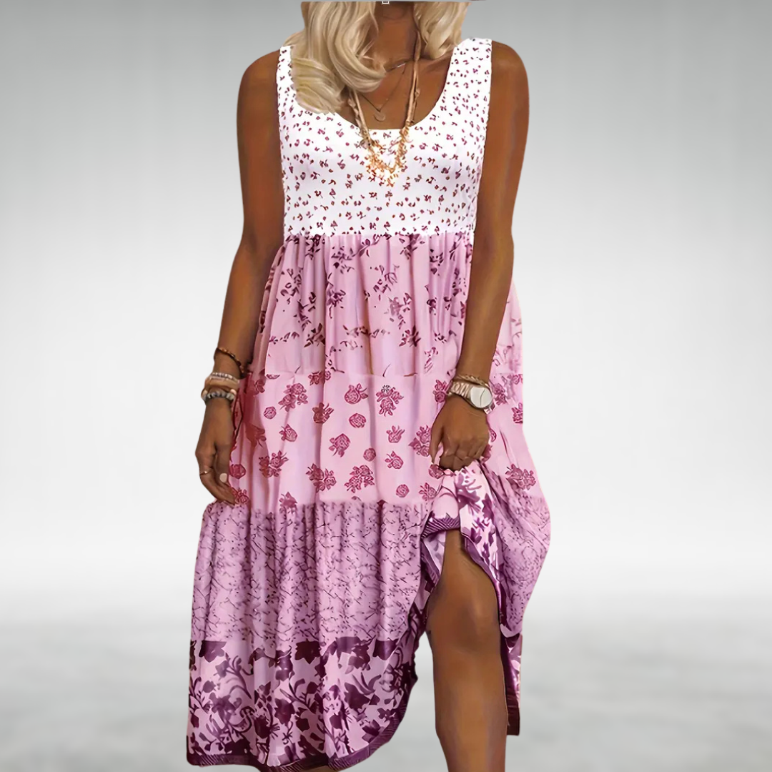Women's Linen Blend Floral Printed Sleeveless Tiered Maxi Dress