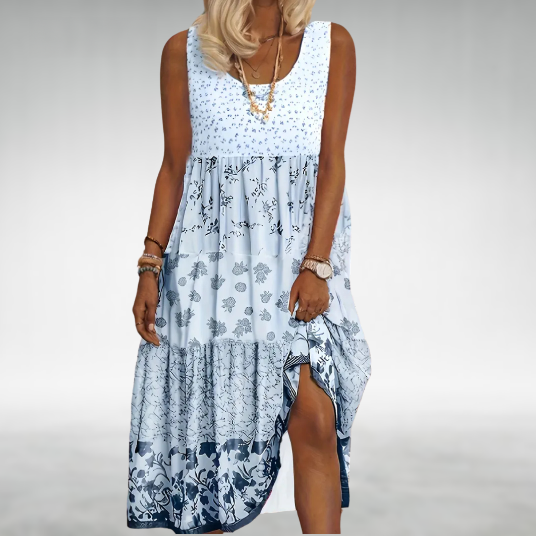Women's Linen Blend Floral Printed Sleeveless Tiered Maxi Dress