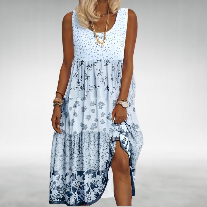 Women's Linen Blend Floral Printed Sleeveless Tiered Maxi Dress