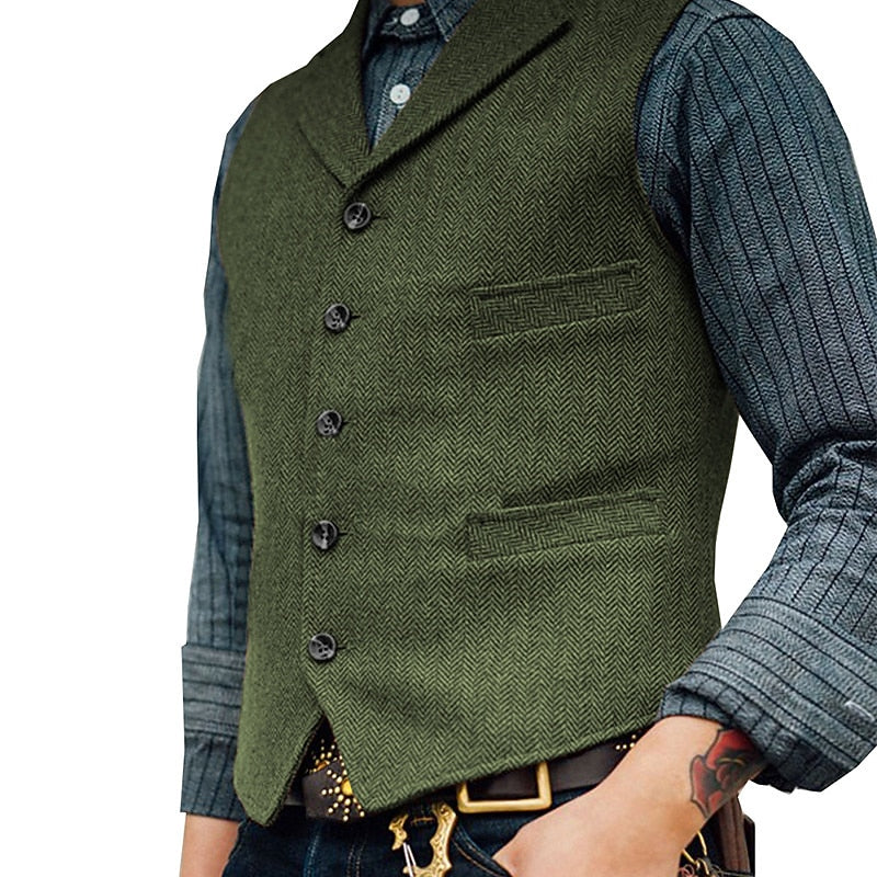 Men's Wool Tweed Waistcoat Vintage Notch Lapel Vest