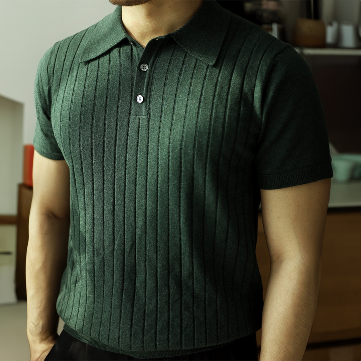 Men's Knit Ribbed Short Sleeve Polo Shirt