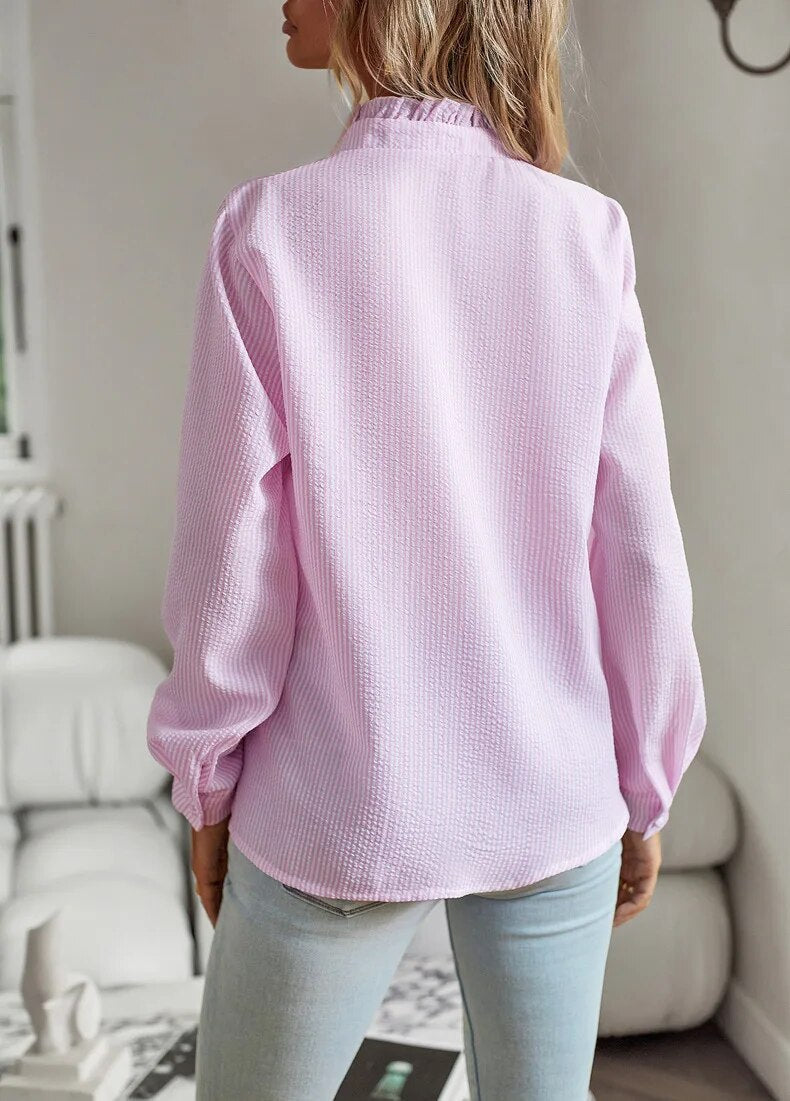 Women's Linen Blend Blouse  Ruffle Stand Collar Long Sleeve Shirt
