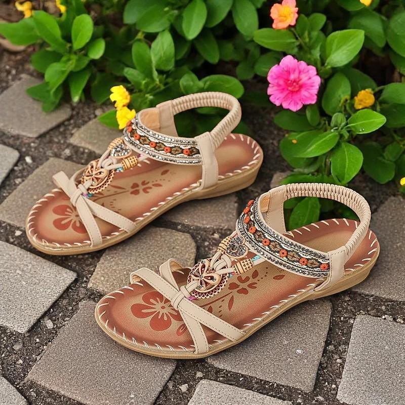 Women's Leather Boho Embellished Gladiator Sandals