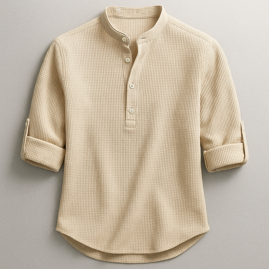 Men's Linen Long Sleeve Band Collar Henley Shirt