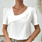 Women's Asymmetrical Drape Collar Puff Sleeve Linen Blouse Top