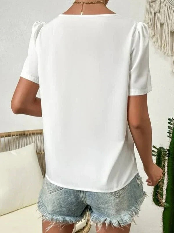 Women's Asymmetrical Drape Collar Puff Sleeve Linen Blouse Top
