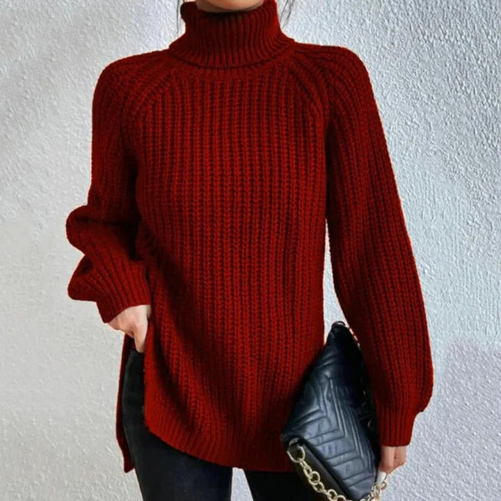 Pull à col roulé pour femme en laine mérinos côtelée, tricoté, haut jumper