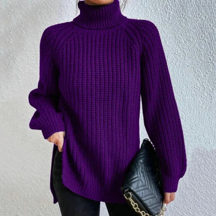 Pull à col roulé pour femme en laine mérinos côtelée, tricoté, haut jumper