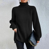 Pull à col roulé pour femme en laine mérinos côtelée, tricoté, haut jumper