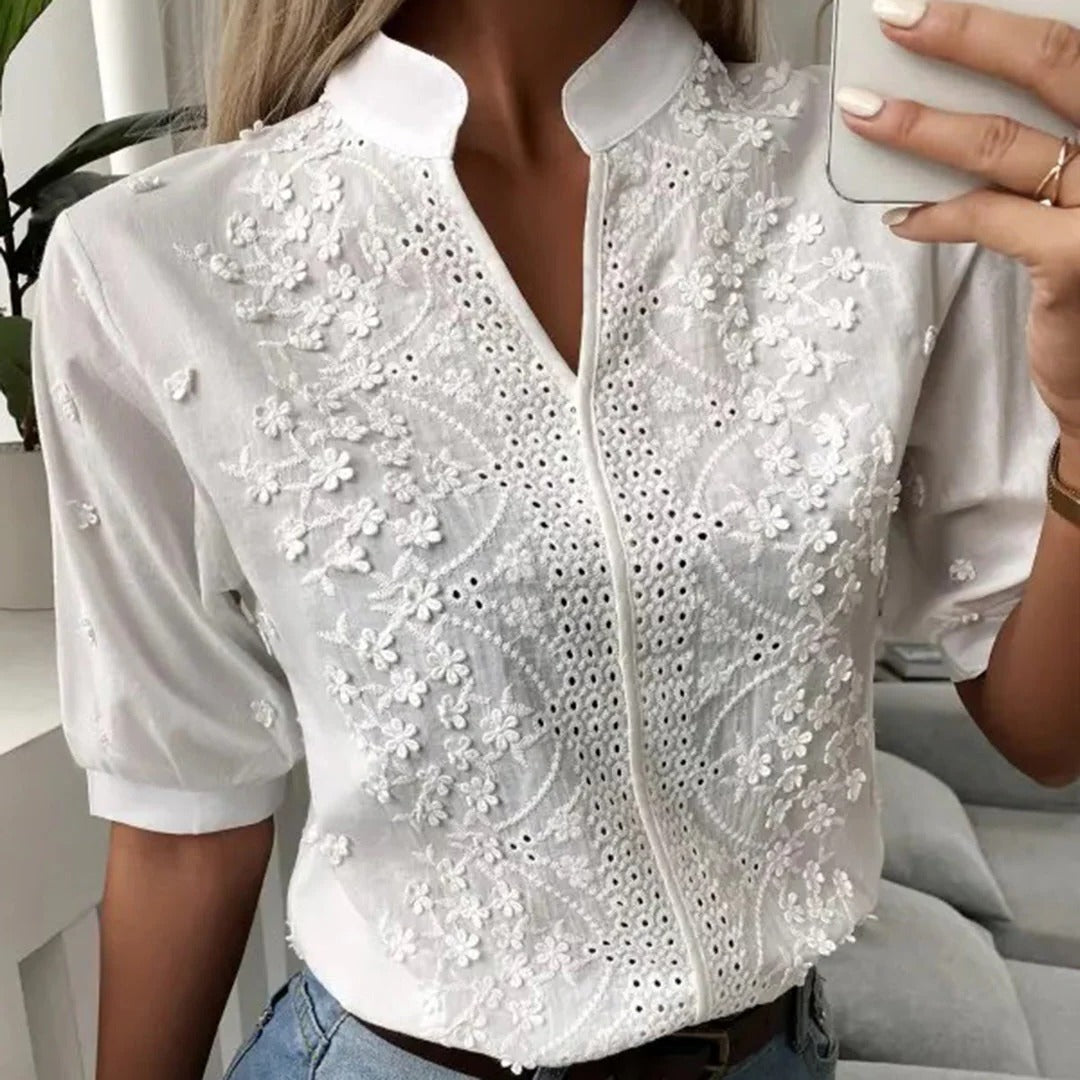 Women's Embroidered Lace V-Neck Linen Blend Blouse