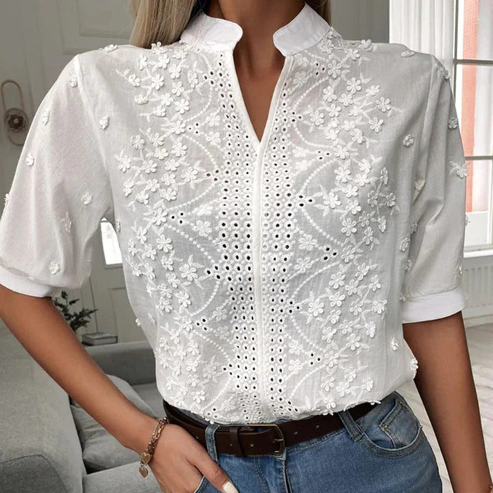 Women's Embroidered Lace V-Neck Linen Blend Blouse